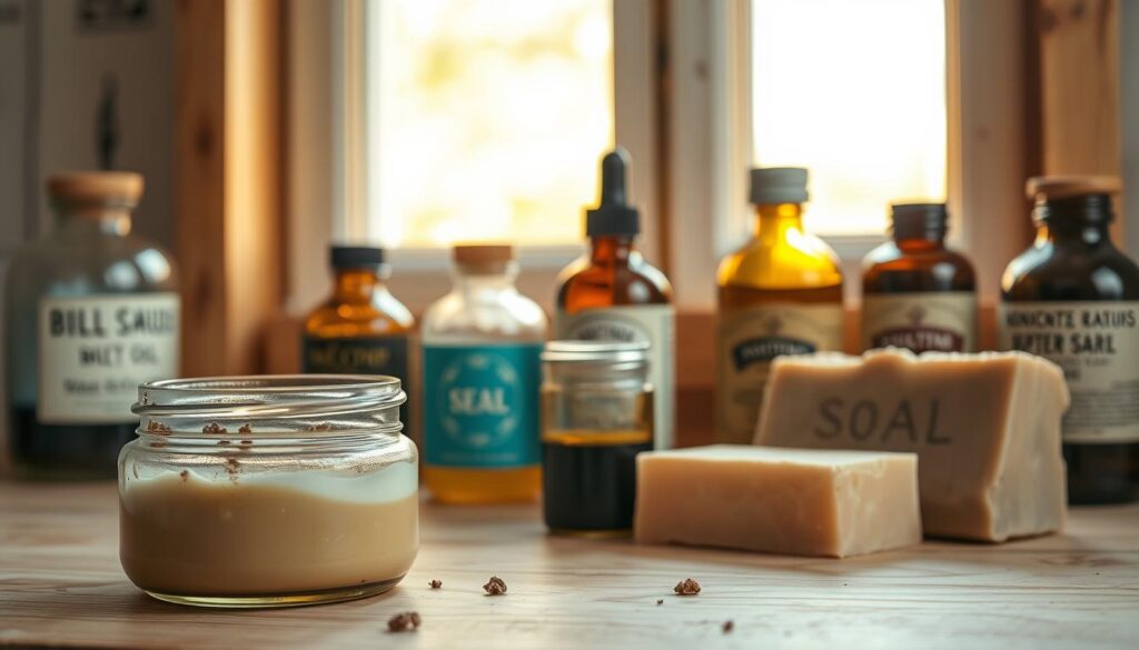A composition highlighting signs of spoiled natural beauty products. In the foreground, an open jar of cream is displayed with a clearly separated, discolored layer of liquid at the top, surrounded by small clumps of mold. Next to it, a bottle of essential oil shows dark sediment at the bottom, and a bar of soap appears cracked and discolored. In the middle ground, a wooden shelf is lightly stained, enhancing the rustic feel, with a few additional bottles arranged haphazardly, each reflecting aging signs like fading labels. The background features a softly blurred window with golden daylight filtering in, creating a warm atmosphere that contrasts with the subject's decay. Employ a shallow depth of field for focus, capturing the intricate details of the spoiled products.