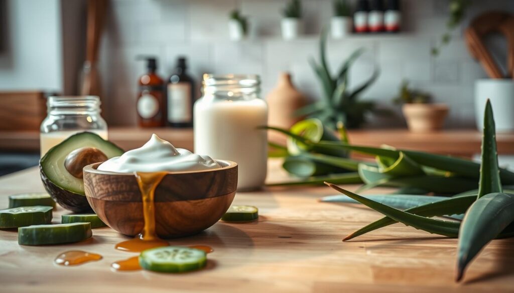 A cozy and inviting kitchen scene featuring a homemade hydrating face mask for dry skin. In the foreground, a small wooden bowl filled with a creamy, natural mixture of avocado, honey, and yogurt, surrounded by fresh ingredients like sliced cucumbers and honey drips. A spotless jar of coconut oil and a handful of aloe vera leaves are placed nearby, hinting at the DIY elements. In the middle, a countertop adorned with natural texture, soft lighting highlights the organic materials used, casting gentle shadows. The background features a well-organized shelf with essential oils and herbs, emphasizing a holistic atmosphere. The warm, inviting light creates a calming and soothing mood, ideal for skincare. A cozy and inviting kitchen scene featuring a homemade hydrating face mask for dry skin. In the foreground, a small wooden bowl filled with a creamy, natural mixture of avocado, honey, and yogurt, surrounded by fresh ingredients like sliced cucumbers and honey drips. A spotless jar of coconut oil and a handful of aloe vera leaves are placed nearby, hinting at the DIY elements. In the middle, a countertop adorned with natural texture, soft lighting highlights the organic materials used, casting gentle shadows. The background features a well-organized shelf with essential oils and herbs, emphasizing a holistic atmosphere. The warm, inviting light creates a calming and soothing mood, ideal for skincare.