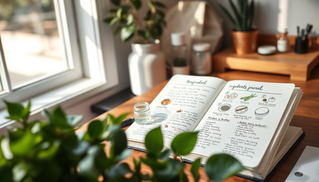 A cozy, well-lit workspace showcasing a wooden desk adorned with a carefully organized skincare ingredient journal. On the desk, place an open journal filled with handwritten notes and sketches of various natural ingredients like aloe vera, rosehip oil, and shea butter, alongside small glass jars containing the same ingredients. In the foreground, lush green plants add a touch of nature. In the background, soft sunlight filters through a nearby window, casting gentle shadows and creating a warm atmosphere. Utilize a shallow depth of field to keep the focus on the journal while softly blurring the background. The mood should feel calm and focused, perfect for someone dedicated to personalizing their clean beauty routine. A cozy, well-lit workspace showcasing a wooden desk adorned with a carefully organized skincare ingredient journal. On the desk, place an open journal filled with handwritten notes and sketches of various natural ingredients like aloe vera, rosehip oil, and shea butter, alongside small glass jars containing the same ingredients. In the foreground, lush green plants add a touch of nature. In the background, soft sunlight filters through a nearby window, casting gentle shadows and creating a warm atmosphere. Utilize a shallow depth of field to keep the focus on the journal while softly blurring the background. The mood should feel calm and focused, perfect for someone dedicated to personalizing their clean beauty routine.