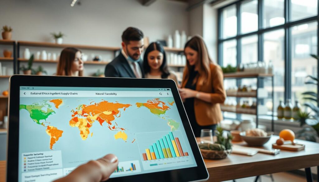 A modern workspace showcasing sustainable sourcing traceability tools. In the foreground, a detailed close-up of a digital tablet displaying a colorful interactive map and graphs, highlighting ethical ingredient supply chains. The middle layer features a diverse team of business professionals in smart casual attire, collaborating over data on traceability, with charts and organic materials around them. In the background, shelves stocked with natural beauty products made from ethically sourced ingredients. Soft, natural lighting filters through large windows, creating a warm and welcoming atmosphere, emphasizing a commitment to transparency and sustainability. The shot is taken from a slightly elevated angle, focusing on teamwork and innovative technology in a contemporary office setting. A modern workspace showcasing sustainable sourcing traceability tools. In the foreground, a detailed close-up of a digital tablet displaying a colorful interactive map and graphs, highlighting ethical ingredient supply chains. The middle layer features a diverse team of business professionals in smart casual attire, collaborating over data on traceability, with charts and organic materials around them. In the background, shelves stocked with natural beauty products made from ethically sourced ingredients. Soft, natural lighting filters through large windows, creating a warm and welcoming atmosphere, emphasizing a commitment to transparency and sustainability. The shot is taken from a slightly elevated angle, focusing on teamwork and innovative technology in a contemporary office setting.