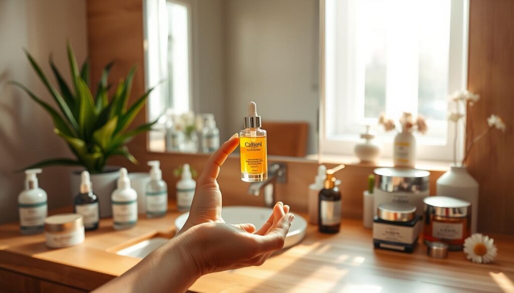 A serene bathroom setting featuring an elegant wooden countertop adorned with beautifully arranged skincare products, including serums, moisturizers, and facial masks. In the foreground, a pair of hands gently balancing a bottle of serum and a jar of cream, symbolizing the harmony between efficacy and safety in skincare. In the middle, a modern mirror reflects natural sunlight pouring in through a window, creating a warm, inviting glow. Soft greenery in pots and minimalist decor enhance the calm atmosphere. The background showcases soft-focus details of clean beauty ingredients like aloe vera and chamomile. The image should evoke a sense of mindfulness and balance, captured with a shallow depth of field and warm lighting to create a tranquil mood. A serene bathroom setting featuring an elegant wooden countertop adorned with beautifully arranged skincare products, including serums, moisturizers, and facial masks. In the foreground, a pair of hands gently balancing a bottle of serum and a jar of cream, symbolizing the harmony between efficacy and safety in skincare. In the middle, a modern mirror reflects natural sunlight pouring in through a window, creating a warm, inviting glow. Soft greenery in pots and minimalist decor enhance the calm atmosphere. The background showcases soft-focus details of clean beauty ingredients like aloe vera and chamomile. The image should evoke a sense of mindfulness and balance, captured with a shallow depth of field and warm lighting to create a tranquil mood.
