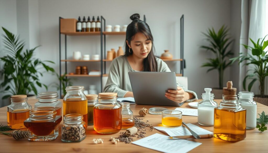 A serene indoor setting that illustrates the concept of 'clean beauty challenges'. In the foreground, a beautifully arranged wooden table filled with various natural skincare ingredients like honey, oils, and herbs, all mixed together in glass jars. A person of Asian descent, dressed in a modest casual outfit, examines a skincare recipe on a laptop with a focused expression, surrounded by scattered notes. The middle ground features shelves with neatly organized reusable containers and more skincare products, conveying a sense of DIY experimentation. In the softly lit background, plants provide a touch of greenery, enhancing the natural ambiance. The overall mood is one of exploration and caution, highlighting the complexity of transitioning to non-toxic skincare while hinting at potential challenges in a visually appealing way. A serene indoor setting that illustrates the concept of 'clean beauty challenges'. In the foreground, a beautifully arranged wooden table filled with various natural skincare ingredients like honey, oils, and herbs, all mixed together in glass jars. A person of Asian descent, dressed in a modest casual outfit, examines a skincare recipe on a laptop with a focused expression, surrounded by scattered notes. The middle ground features shelves with neatly organized reusable containers and more skincare products, conveying a sense of DIY experimentation. In the softly lit background, plants provide a touch of greenery, enhancing the natural ambiance. The overall mood is one of exploration and caution, highlighting the complexity of transitioning to non-toxic skincare while hinting at potential challenges in a visually appealing way.