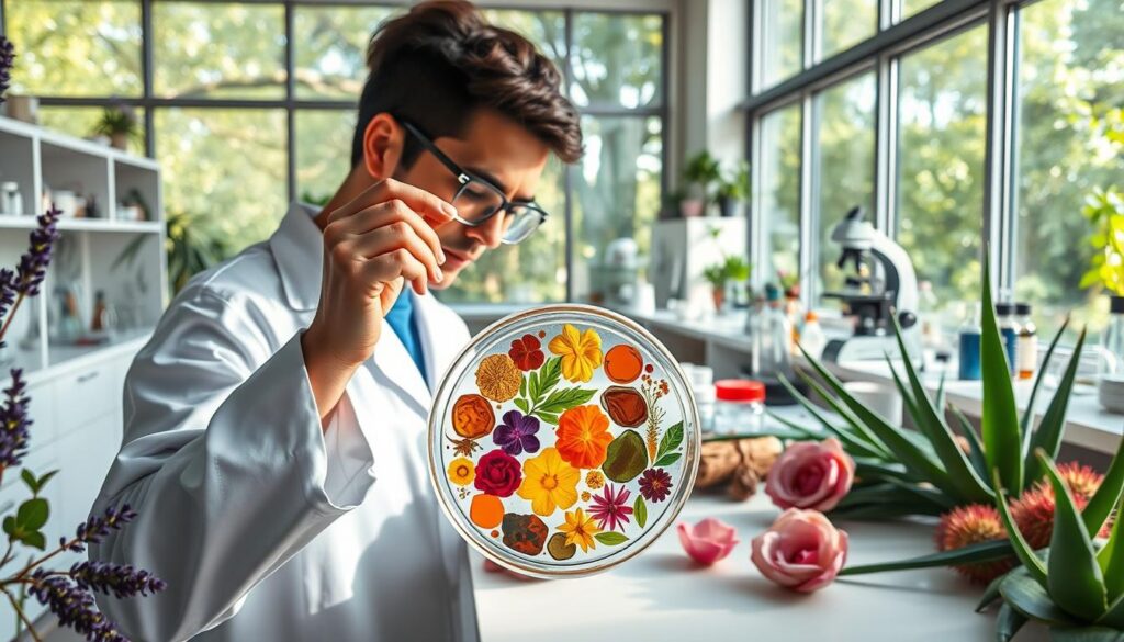 A serene laboratory setting showcasing the scientific analysis of natural beauty ingredients. In the foreground, a researcher in a white lab coat examines a petri dish filled with vibrant, colorful natural extracts, surrounded by various botanical specimens like lavender, rose, and aloe vera. The middle ground features a modern lab bench cluttered with scientific equipment, such as beakers, test tubes, and a microscope. In the background, large windows let in soft natural light, illuminating the greenery outside while casting gentle shadows within the lab. The atmosphere conveys a sense of curiosity and precision, highlighting the intersection of nature and science. The room is clean and organized, encouraging a professional yet inviting mood, perfect for highlighting transparent ingredient analysis in skincare. A serene laboratory setting showcasing the scientific analysis of natural beauty ingredients. In the foreground, a researcher in a white lab coat examines a petri dish filled with vibrant, colorful natural extracts, surrounded by various botanical specimens like lavender, rose, and aloe vera. The middle ground features a modern lab bench cluttered with scientific equipment, such as beakers, test tubes, and a microscope. In the background, large windows let in soft natural light, illuminating the greenery outside while casting gentle shadows within the lab. The atmosphere conveys a sense of curiosity and precision, highlighting the intersection of nature and science. The room is clean and organized, encouraging a professional yet inviting mood, perfect for highlighting transparent ingredient analysis in skincare.