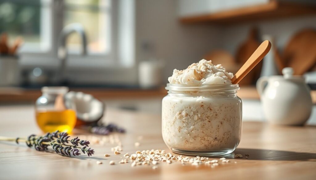 A serene, softly lit kitchen countertop features a gentle homemade body scrub, artfully arranged in a small, clear glass jar with a wooden spoon resting beside it. The scrub, a creamy blend of natural ingredients like oatmeal, honey, and organic essential oils, has a light texture, with delicate exfoliating particles sprinkled on top. In the background, a cozy, blurred kitchen ambiance enhances the comforting atmosphere, with soft light pouring in from a nearby window, illuminating the fresh ingredients laid out: coconut oil, almond oil, and lavender sprigs. The scene should evoke tranquility and self-care, inviting the viewer to envision the soothing experience of using this scrub on sensitive skin. The overall composition should be warm and inviting, focusing on the beauty of natural products and the essence of gentle pampering.