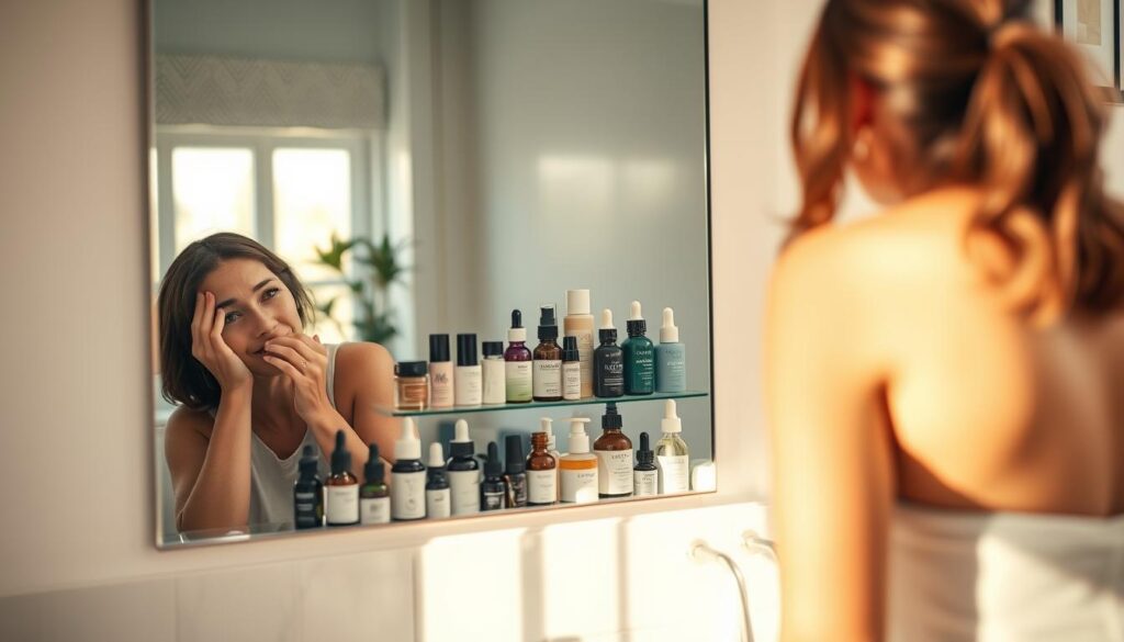 A serene, well-lit bathroom scene featuring a stylish, well-organized skincare shelf stocked with various non-toxic skincare products. In the foreground, a woman in modest casual clothing examines her reflection in the mirror, displaying a mix of curiosity and minor disappointment, symbolizing the expectation of immediate results. In the middle, an array of colorful serums, creams, and oils neatly arranged, creating a visually appealing focal point. Soft, warm natural light filters through a window, casting gentle shadows and enhancing the calming atmosphere. The background shows subtle hints of greenery from houseplants, reinforcing a connection to nature and wellness. The overall mood is reflective and hopeful, encouraging a thoughtful approach to skincare. A serene, well-lit bathroom scene featuring a stylish, well-organized skincare shelf stocked with various non-toxic skincare products. In the foreground, a woman in modest casual clothing examines her reflection in the mirror, displaying a mix of curiosity and minor disappointment, symbolizing the expectation of immediate results. In the middle, an array of colorful serums, creams, and oils neatly arranged, creating a visually appealing focal point. Soft, warm natural light filters through a window, casting gentle shadows and enhancing the calming atmosphere. The background shows subtle hints of greenery from houseplants, reinforcing a connection to nature and wellness. The overall mood is reflective and hopeful, encouraging a thoughtful approach to skincare.