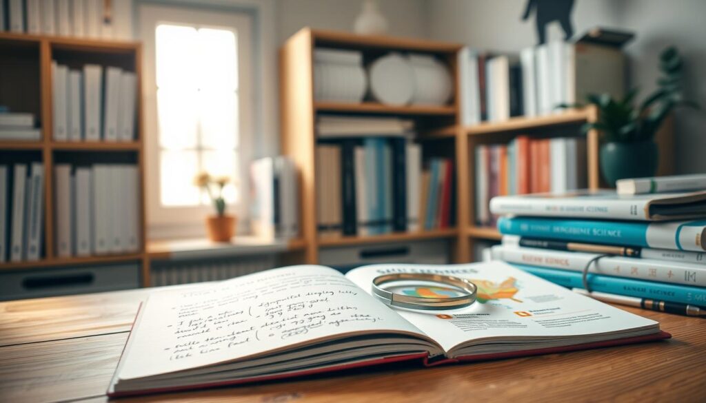 A serene workspace filled with skincare books and materials on a wooden desk, symbolizing fact-checking resources. In the foreground, an open notebook with neatly written notes debunking popular skincare myths, alongside a magnifying glass resting on a colorful infographic about ingredient transparency. In the middle, a well-organized bookshelf lined with skincare science manuals and reputable journals. The background features a softly lit window with natural daylight streaming in, creating a warm and inviting atmosphere. The lens is set to a shallow depth of field, softly blurring the background while keeping the foreground sharp. The mood is informative and trustworthy, emphasizing research and clarity in skincare knowledge. A serene workspace filled with skincare books and materials on a wooden desk, symbolizing fact-checking resources. In the foreground, an open notebook with neatly written notes debunking popular skincare myths, alongside a magnifying glass resting on a colorful infographic about ingredient transparency. In the middle, a well-organized bookshelf lined with skincare science manuals and reputable journals. The background features a softly lit window with natural daylight streaming in, creating a warm and inviting atmosphere. The lens is set to a shallow depth of field, softly blurring the background while keeping the foreground sharp. The mood is informative and trustworthy, emphasizing research and clarity in skincare knowledge.