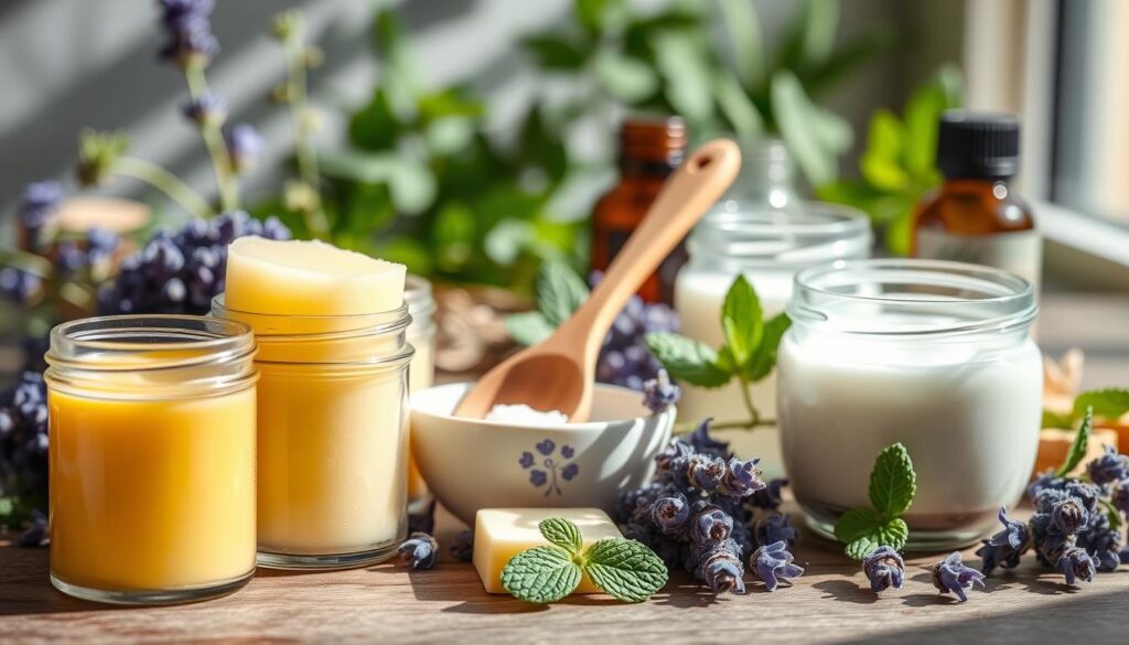 A visually captivating arrangement of natural lip care ingredients, specifically focusing on various waxes and oils used in DIY lip balms and salves. In the foreground, feature containers filled with beeswax, candelilla wax, and coconut oil, beautifully showcased in glass jars. The middle layer includes a wooden spoon gently stirring the ingredients, surrounded by lavender buds, a small dish of shea butter, and a fresh mint leaf for a touch of color. In the background, softly blurred herbal plants and essential oils create a tranquil, inviting atmosphere. The scene is illuminated with natural light, casting soft shadows, evoking a sense of warmth and serenity. The perspective is at a slight angle, enhancing the depth and visual interest of the composition.