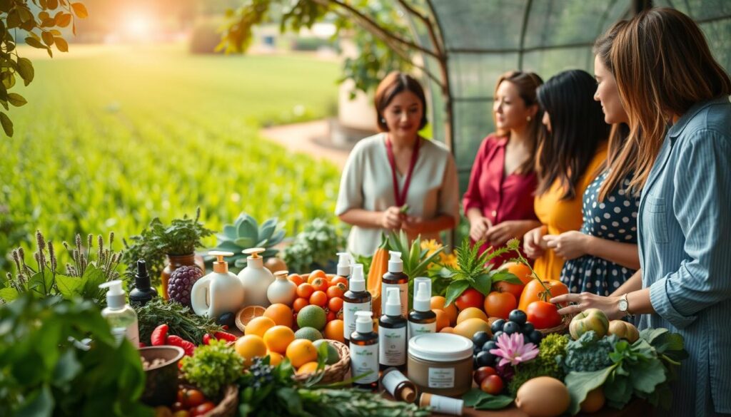 A visually rich and engaging scene depicting sustainable sourcing practices in the natural beauty industry. In the foreground, a diverse group of professionals in modest casual clothing is discussing ingredient sourcing, surrounded by colorful, fresh produce like organic herbs, fruits, and flowers. The middle ground features a beautifully arranged table showcasing products made from these ingredients, such as essential oils and creams in eco-friendly packaging. In the background, there are lush green fields and a sun-drenched farm, symbolizing responsible farming. Soft, natural lighting illuminates the scene, creating a warm and inviting atmosphere. Shot at eye level with a slight depth of field to emphasize the foreground details while softly blurring the background, enhancing the focus on ethical sourcing. A visually rich and engaging scene depicting sustainable sourcing practices in the natural beauty industry. In the foreground, a diverse group of professionals in modest casual clothing is discussing ingredient sourcing, surrounded by colorful, fresh produce like organic herbs, fruits, and flowers. The middle ground features a beautifully arranged table showcasing products made from these ingredients, such as essential oils and creams in eco-friendly packaging. In the background, there are lush green fields and a sun-drenched farm, symbolizing responsible farming. Soft, natural lighting illuminates the scene, creating a warm and inviting atmosphere. Shot at eye level with a slight depth of field to emphasize the foreground details while softly blurring the background, enhancing the focus on ethical sourcing.