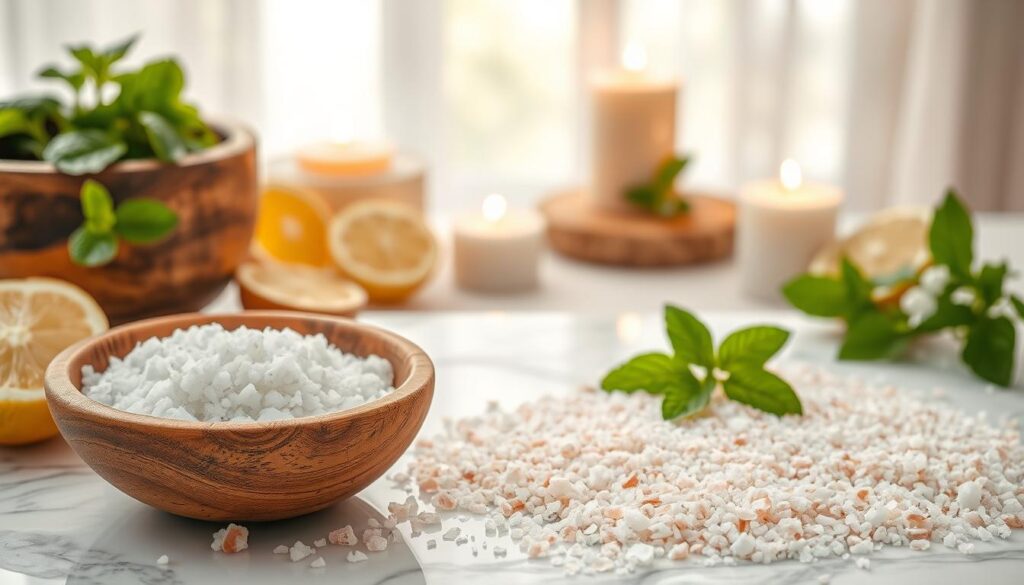 A visually striking composition showcasing the contrast between sugar and salt as exfoliant bases for scrubs. In the foreground, a rustic wooden bowl filled with coarse sea salt and delicate granulated sugar, surrounded by natural elements like fresh mint leaves and slices of lemon. In the middle, a subtle texture of pink Himalayan salt and white sugar scattered artfully across a clean marble surface, highlighting their differing textures. In the background, a soft, blurred spa-like setting with candles and soothing natural light filtering through sheer curtains, creating a serene, inviting atmosphere. The overall mood is calm and refreshing, ideal for illustrating natural beauty and self-care. Use a soft focus lens to highlight the details while maintaining a warm, inviting ambiance.