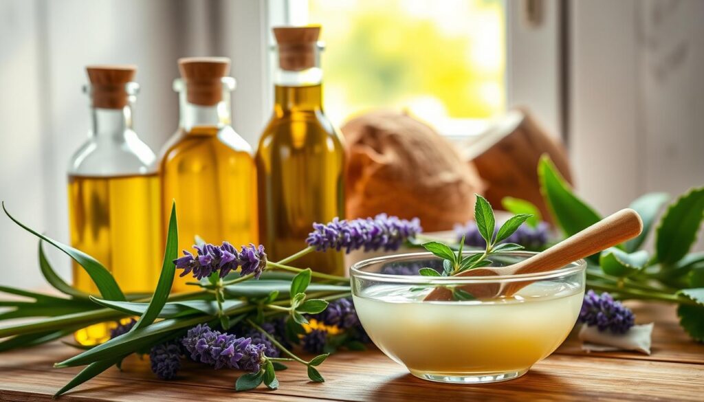A beautifully arranged selection of natural hair oils for healthy hair masks, featuring glass bottles of argan, jojoba, and coconut oils with rustic wooden caps. In the foreground, place a small bowl of a hair mask mixture made from these oils, topped with fresh herbs and a wooden spoon. The middle ground showcases vibrant greenery, such as aloe vera and lavender sprigs, enhancing the natural theme. In the background, soft, diffused natural light filters through an open window, illuminating the scene and casting gentle shadows. The atmosphere is warm and inviting, evoking a sense of tranquility and wellness, making the viewer feel connected to the essence of natural beauty. A beautifully arranged selection of natural hair oils for healthy hair masks, featuring glass bottles of argan, jojoba, and coconut oils with rustic wooden caps. In the foreground, place a small bowl of a hair mask mixture made from these oils, topped with fresh herbs and a wooden spoon. The middle ground showcases vibrant greenery, such as aloe vera and lavender sprigs, enhancing the natural theme. In the background, soft, diffused natural light filters through an open window, illuminating the scene and casting gentle shadows. The atmosphere is warm and inviting, evoking a sense of tranquility and wellness, making the viewer feel connected to the essence of natural beauty.