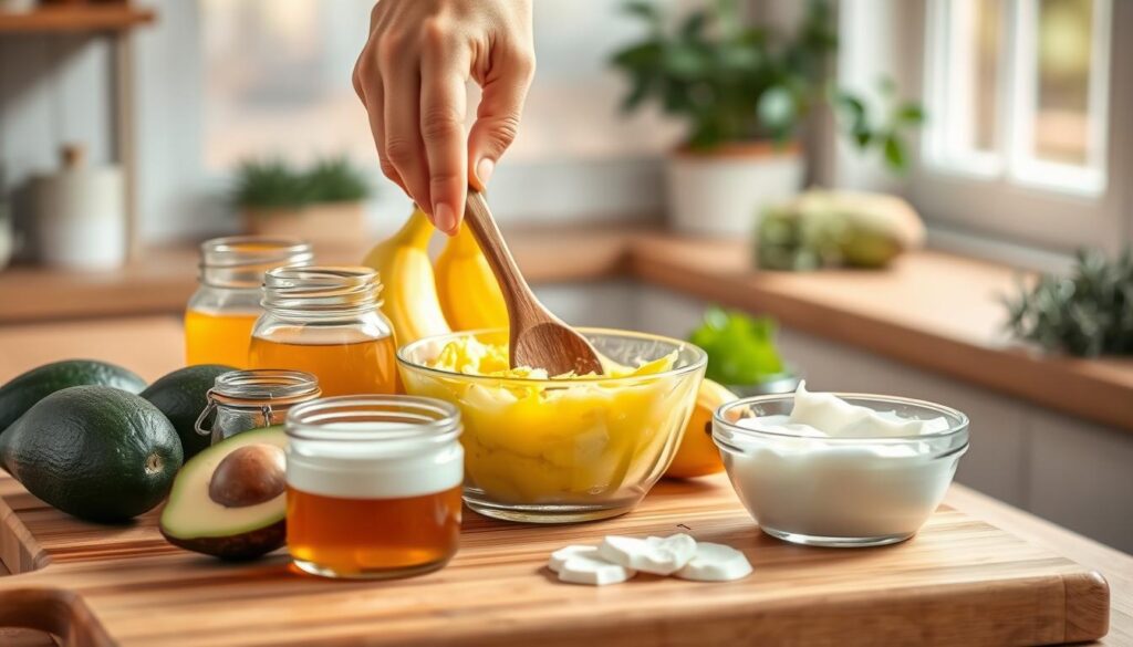 A bright and inviting kitchen scene set for preparing natural hair mask ingredients. In the foreground, a wooden cutting board displays fresh avocados, ripe bananas, a jar of honey, coconut oil in a glass container, and a bowl of plain yogurt, artfully arranged. In the middle, a hand is gracefully mixing the ingredients with a wooden spoon, showcasing a vibrant green and yellow blend. The background features a window with soft, natural light streaming in, illuminating fresh herbs like rosemary and mint on a nearby countertop. The atmosphere is warm and homely, conveying a sense of creativity and wellness. The focus is sharp on the preparation process, with a gentle bokeh effect in the background, enhancing the inviting ambiance of DIY hair care. A bright and inviting kitchen scene set for preparing natural hair mask ingredients. In the foreground, a wooden cutting board displays fresh avocados, ripe bananas, a jar of honey, coconut oil in a glass container, and a bowl of plain yogurt, artfully arranged. In the middle, a hand is gracefully mixing the ingredients with a wooden spoon, showcasing a vibrant green and yellow blend. The background features a window with soft, natural light streaming in, illuminating fresh herbs like rosemary and mint on a nearby countertop. The atmosphere is warm and homely, conveying a sense of creativity and wellness. The focus is sharp on the preparation process, with a gentle bokeh effect in the background, enhancing the inviting ambiance of DIY hair care.
