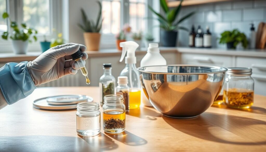 A clean and organized DIY skincare workspace, featuring a wooden table with neatly arranged glass containers filled with natural ingredients like herbs and oils. In the foreground, a pair of gloved hands carefully measures out essential oils with a dropper, while a sanitized stainless steel mixing bowl gleams under bright, natural morning light. In the middle, there are safety tools such as a disinfectant spray and labeled jars for storage, showcasing a commitment to cleanliness. The background includes a light, airy kitchen with potted plants and an open window, inviting a fresh atmosphere. The scene conveys a sense of professionalism and careful preparation, emphasizing safety and hygiene in the creation of natural beauty products.