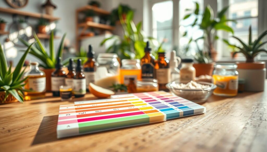 A close-up view of pH testing strips laid out on a wooden workbench, surrounded by various natural cosmetic ingredients like essential oils, aloe vera, and shea butter. The foreground features the vibrant strips in sharp focus, displaying color changes indicative of different pH levels. In the middle, jars and bottles of natural ingredients are artistically arranged, showcasing their textures and colors. The background softly blurs into a bright, airy workshop space, filled with potted plants and natural light streaming through a window, creating a fresh and inviting atmosphere. The image conveys a sense of careful experimentation and the importance of safety in DIY beauty, with a warm color palette emphasizing natural and organic elements.