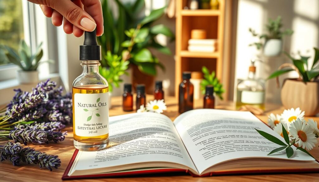 A detailed close-up of a well-organized skincare table featuring various essential oils arranged neatly alongside botanical elements like lavender, tea tree, and chamomile. In the foreground, focus on an elegant glass dropper bottle being held by a professional hand, showcasing a natural ingredient label. The middle ground reveals an open book with highlighted sections on the benefits and safety of essential oils for skincare. Soft, natural lighting filters through a nearby window, casting gentle shadows and creating an inviting atmosphere. In the background, soothing plants and a wooden shelf display more natural ingredients and skincare tools, enhancing the overall feel of a calm and knowledgeable skincare environment. The image should convey a sense of care and professionalism while emphasizing safety in skincare practices. A detailed close-up of a well-organized skincare table featuring various essential oils arranged neatly alongside botanical elements like lavender, tea tree, and chamomile. In the foreground, focus on an elegant glass dropper bottle being held by a professional hand, showcasing a natural ingredient label. The middle ground reveals an open book with highlighted sections on the benefits and safety of essential oils for skincare. Soft, natural lighting filters through a nearby window, casting gentle shadows and creating an inviting atmosphere. In the background, soothing plants and a wooden shelf display more natural ingredients and skincare tools, enhancing the overall feel of a calm and knowledgeable skincare environment. The image should convey a sense of care and professionalism while emphasizing safety in skincare practices.