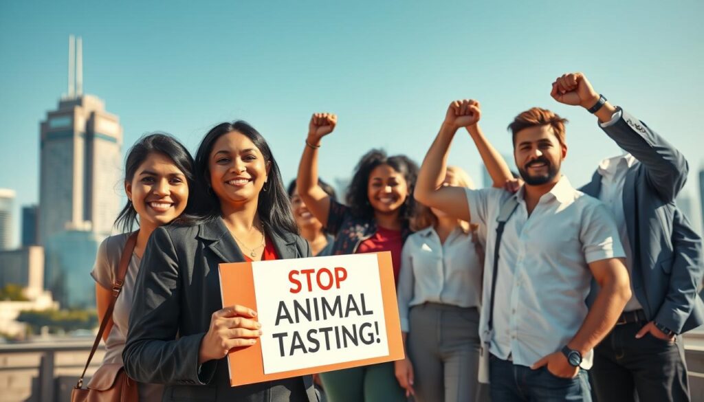 A group of diverse individuals passionately advocating against global animal testing, standing together in a well-lit urban setting. In the foreground, a South Asian woman in professional business attire holds a sign that reads "Stop Animal Testing!" while a Hispanic male beside her shows a smartphone displaying a petition. In the middle ground, a group of supporters, including a Black woman and a Caucasian man, raise their fists in solidarity, embodying a sense of unity and determination. The background features a cityscape with skyscrapers under a clear blue sky, symbolizing progress and change. The overall atmosphere is hopeful and empowered, with warm, bright lighting casting soft shadows to enhance the camaraderie among the advocates. The image should employ a slightly elevated angle to capture the collective spirit of the movement.