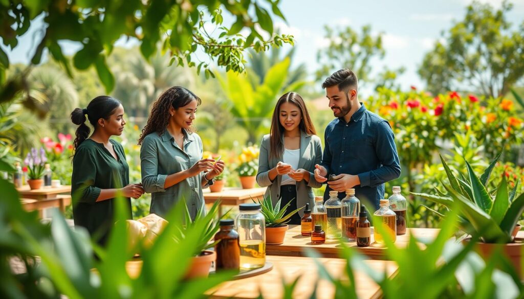 A serene and lush green landscape depicting ethical sourcing in natural beauty products. In the foreground, a diverse group of three professionals—two women and one man—wearing smart casual clothing, are engaged in a discussion, examining samples of botanical ingredients like shea butter, aloe vera, and essential oils. In the middle ground, a bright and inviting workspace features wooden tables adorned with jars and potted plants, symbolizing sustainability and natural beauty. The background presents a soft-focus view of a sunlit outdoor garden, with vibrant flowers and trees under a clear blue sky, suggesting harmony with nature. The scene is illuminated by warm, natural lighting, creating an uplifting and hopeful atmosphere, emphasizing the connection between ethical sourcing and beauty. A serene and lush green landscape depicting ethical sourcing in natural beauty products. In the foreground, a diverse group of three professionals—two women and one man—wearing smart casual clothing, are engaged in a discussion, examining samples of botanical ingredients like shea butter, aloe vera, and essential oils. In the middle ground, a bright and inviting workspace features wooden tables adorned with jars and potted plants, symbolizing sustainability and natural beauty. The background presents a soft-focus view of a sunlit outdoor garden, with vibrant flowers and trees under a clear blue sky, suggesting harmony with nature. The scene is illuminated by warm, natural lighting, creating an uplifting and hopeful atmosphere, emphasizing the connection between ethical sourcing and beauty.