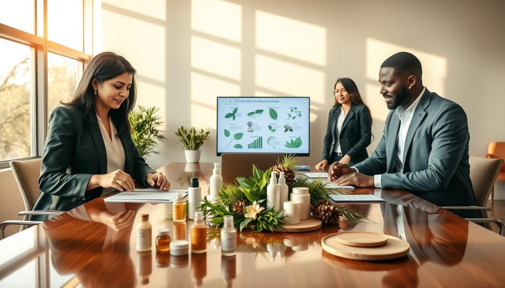 A serene and professional meeting space showcasing a diverse group of individuals in business attire engaged in a collaborative discussion about ethical sourcing. In the foreground, a middle-aged woman of South Asian descent and a young man of African descent are examining natural beauty product samples laid out on a polished conference table. In the middle, a laptop displays a vibrant presentation on sustainable practices, surrounded by beautifully arranged greenery and natural materials. The background features large windows letting in warm daylight, casting soft shadows that create an inviting atmosphere. The overall mood is one of collaboration, trust, and commitment to ethical partnerships, emphasizing the positive impact of responsible sourcing on the beauty industry. Use a warm color palette to enhance the feeling of optimism and unity. A serene and professional meeting space showcasing a diverse group of individuals in business attire engaged in a collaborative discussion about ethical sourcing. In the foreground, a middle-aged woman of South Asian descent and a young man of African descent are examining natural beauty product samples laid out on a polished conference table. In the middle, a laptop displays a vibrant presentation on sustainable practices, surrounded by beautifully arranged greenery and natural materials. The background features large windows letting in warm daylight, casting soft shadows that create an inviting atmosphere. The overall mood is one of collaboration, trust, and commitment to ethical partnerships, emphasizing the positive impact of responsible sourcing on the beauty industry. Use a warm color palette to enhance the feeling of optimism and unity.