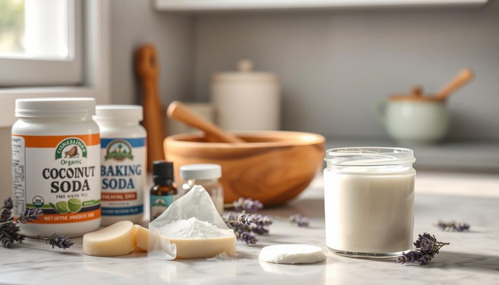A serene kitchen countertop scene showcasing a natural deodorant recipe for sensitive skin. In the foreground, there is an aesthetically pleasing arrangement of ingredients: organic coconut oil, baking soda, shea butter, essential oils like lavender and chamomile, and a small glass jar filled with the finished product. The middle layer features a wooden mixing bowl and a wooden spoon, with a few sprigs of lavender scattered around for a touch of color. In the background, soft natural light streams through a nearby window, illuminating the scene with a warm glow. The atmosphere is calm and inviting, evoking a sense of wellness and natural living, perfect for those seeking gentle, chemical-free formulations. A serene kitchen countertop scene showcasing a natural deodorant recipe for sensitive skin. In the foreground, there is an aesthetically pleasing arrangement of ingredients: organic coconut oil, baking soda, shea butter, essential oils like lavender and chamomile, and a small glass jar filled with the finished product. The middle layer features a wooden mixing bowl and a wooden spoon, with a few sprigs of lavender scattered around for a touch of color. In the background, soft natural light streams through a nearby window, illuminating the scene with a warm glow. The atmosphere is calm and inviting, evoking a sense of wellness and natural living, perfect for those seeking gentle, chemical-free formulations.