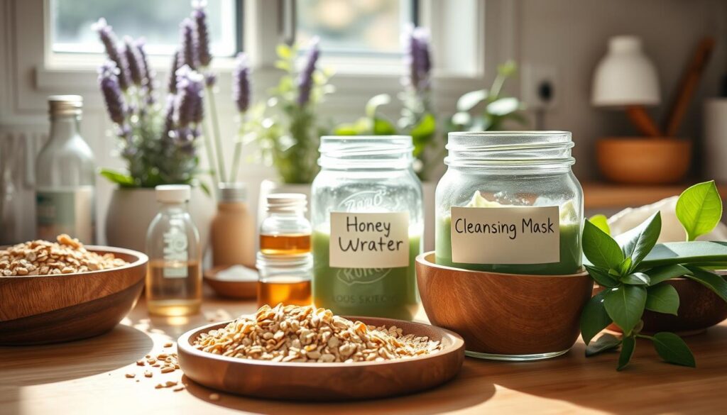 A serene, well-lit kitchen counter filled with natural skincare DIY ingredients for a morning routine. In the foreground, a wooden bowl filled with fresh, organic ingredients like rolled oats, honey, and fresh aloe vera, alongside a small glass bottle of rose water and a jar of coconut oil. In the middle, a mason jar with a label reading "Cleansing Mask" filled with a vibrant green clay mixture. In the background, soft sunlight filters through a window, illuminating potted herbs like lavender and mint, creating a fresh atmosphere. The composition should evoke calmness and cleanliness, with a focus on natural elements. The image should have a warm, inviting feel, captured with a shallow depth of field to emphasize the ingredients. A serene, well-lit kitchen counter filled with natural skincare DIY ingredients for a morning routine. In the foreground, a wooden bowl filled with fresh, organic ingredients like rolled oats, honey, and fresh aloe vera, alongside a small glass bottle of rose water and a jar of coconut oil. In the middle, a mason jar with a label reading "Cleansing Mask" filled with a vibrant green clay mixture. In the background, soft sunlight filters through a window, illuminating potted herbs like lavender and mint, creating a fresh atmosphere. The composition should evoke calmness and cleanliness, with a focus on natural elements. The image should have a warm, inviting feel, captured with a shallow depth of field to emphasize the ingredients.