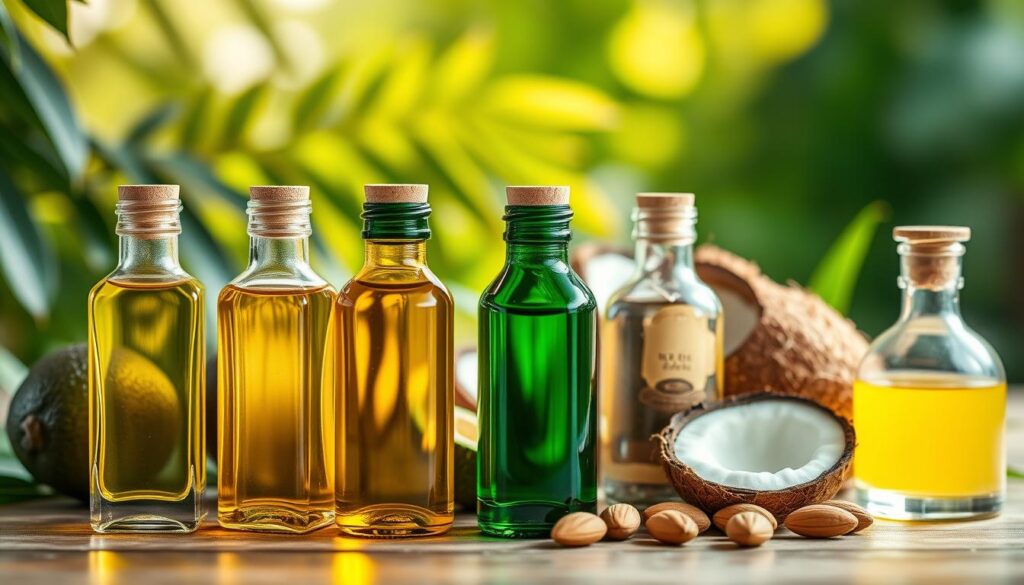 A visually appealing arrangement of various carrier oils used in natural skincare. In the foreground, display small, elegant glass bottles filled with golden jojoba oil, deep green avocado oil, and rich coconut oil, each showcasing their distinct colors and textures. The middle layer features fresh ingredients like avocados, coconuts, and almonds artistically arranged beside the bottles. In the background, a softly blurred natural setting with lush green leaves and soft sunlight filtering through, creating a warm, inviting atmosphere. The scene should evoke a sense of purity and health, illuminated by gentle, diffused lighting to highlight the oils and ingredients, captured from a slightly elevated angle to emphasize the composition. A visually appealing arrangement of various carrier oils used in natural skincare. In the foreground, display small, elegant glass bottles filled with golden jojoba oil, deep green avocado oil, and rich coconut oil, each showcasing their distinct colors and textures. The middle layer features fresh ingredients like avocados, coconuts, and almonds artistically arranged beside the bottles. In the background, a softly blurred natural setting with lush green leaves and soft sunlight filtering through, creating a warm, inviting atmosphere. The scene should evoke a sense of purity and health, illuminated by gentle, diffused lighting to highlight the oils and ingredients, captured from a slightly elevated angle to emphasize the composition.