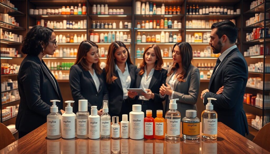 A visually striking image illustrating "skincare transparency labeling myths" in a professional setting. In the foreground, display a well-organized table featuring skincare products with labels, some highlighting the phrase "cruelty-free" and others marked with common misconceptions like "natural" and "organic." In the middle, a diverse group of professionals dressed in smart casual attire are engaged in a discussion, analyzing the labels with expressions of intrigue and skepticism. The background should show shelves filled with various skincare brands, illuminated by soft, warm lighting to create an inviting atmosphere. The angle should be slightly elevated, capturing both the products and the interactive discussion effectively, conveying the importance of understanding skincare labeling. A visually striking image illustrating "skincare transparency labeling myths" in a professional setting. In the foreground, display a well-organized table featuring skincare products with labels, some highlighting the phrase "cruelty-free" and others marked with common misconceptions like "natural" and "organic." In the middle, a diverse group of professionals dressed in smart casual attire are engaged in a discussion, analyzing the labels with expressions of intrigue and skepticism. The background should show shelves filled with various skincare brands, illuminated by soft, warm lighting to create an inviting atmosphere. The angle should be slightly elevated, capturing both the products and the interactive discussion effectively, conveying the importance of understanding skincare labeling.