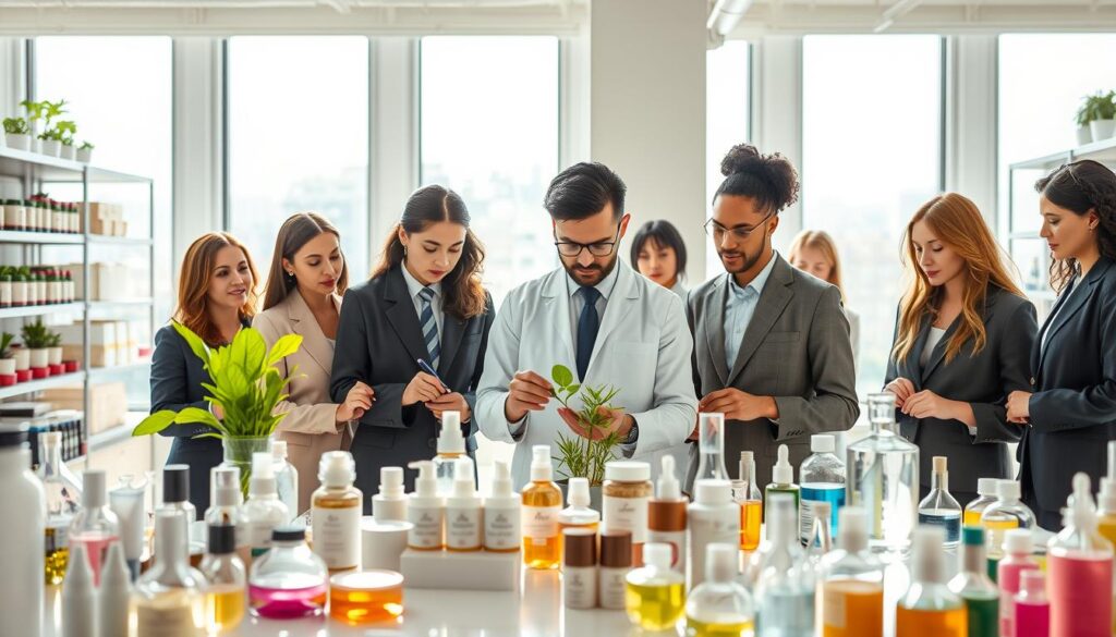 A visually striking representation of "cruelty-free beauty laws," featuring a modern laboratory scene in the foreground. In the center, a diverse group of professionals in business attire, including men and women of various ethnicities, are examining cosmetics labeled "cruelty-free." They are conducting experiments with plants and natural ingredients, showcasing innovation in beauty without animal testing. The middle ground displays shelves filled with eco-friendly products and laboratory equipment, while the background reveals large windows with sunlight filtering in, creating a bright and inspiring atmosphere. The lighting is soft yet vibrant, emphasizing the ethical commitment to beauty and care for animals. The composition conveys a mood of progress and responsibility, highlighting a positive shift in the beauty industry.