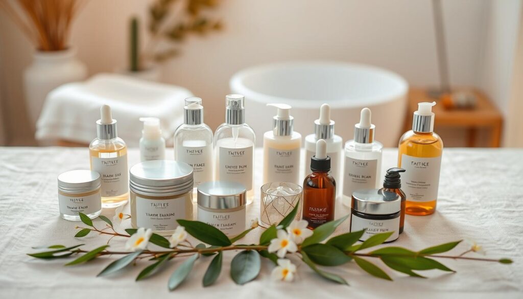 A beautifully curated display of cruelty-free, non-toxic skincare products arranged artistically on a soft, neutral-toned linen tablecloth. In the foreground, feature elegant glass bottles and jars with minimalist labels, showcasing creams, serums, and oils in shades of soft pastels. The middle ground should include delicate, natural elements like fresh green leaves and delicate flowers for a touch of nature, symbolizing purity and freshness. In the background, create a softly blurred spa-like setting with warm, natural lighting that enhances the serene and calming atmosphere. Use a slight overhead angle to capture the arrangement, ensuring the focus remains on the tranquil skincare products, emanating feelings of wellness and self-care. The overall mood should be soothing and inviting, emphasizing a healthy, eco-friendly lifestyle. A beautifully curated display of cruelty-free, non-toxic skincare products arranged artistically on a soft, neutral-toned linen tablecloth. In the foreground, feature elegant glass bottles and jars with minimalist labels, showcasing creams, serums, and oils in shades of soft pastels. The middle ground should include delicate, natural elements like fresh green leaves and delicate flowers for a touch of nature, symbolizing purity and freshness. In the background, create a softly blurred spa-like setting with warm, natural lighting that enhances the serene and calming atmosphere. Use a slight overhead angle to capture the arrangement, ensuring the focus remains on the tranquil skincare products, emanating feelings of wellness and self-care. The overall mood should be soothing and inviting, emphasizing a healthy, eco-friendly lifestyle.