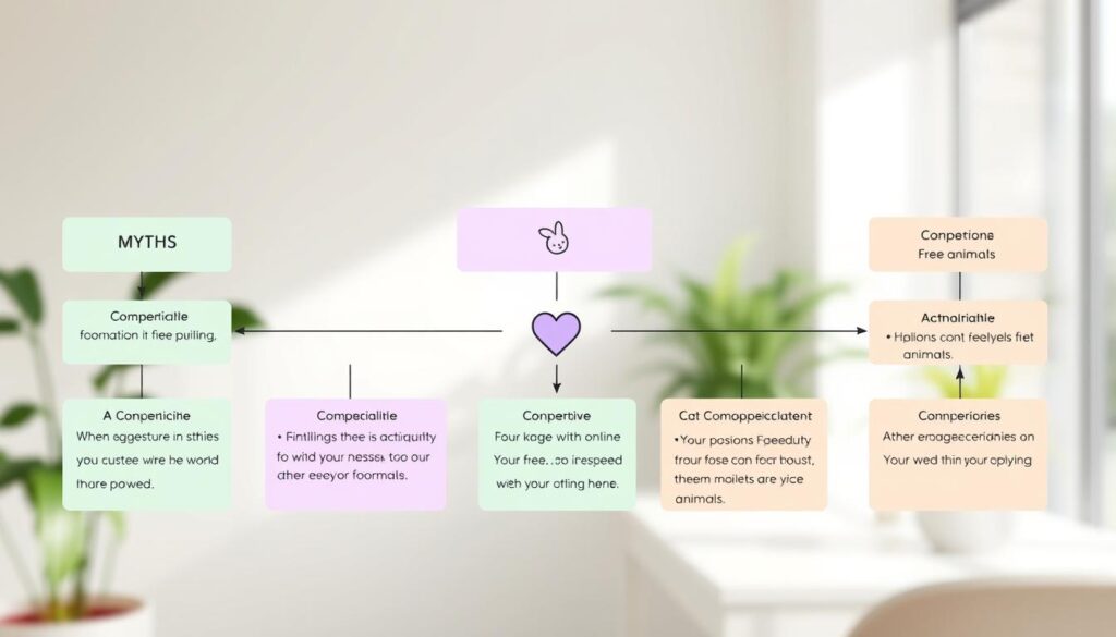 A detailed chart illustrating the definitions of "cruelty-free" myths, designed for the context of vegan and cruelty-free beauty products. In the foreground, a neatly organized flowchart with distinct boxes, each containing a myth and its corresponding definition, accented in soft pastel colors like mint green, lavender, and peach. The middle section features well-defined icons symbolizing compassion towards animals, such as a heart and a bunny, ensuring clarity and engagement. The background is subtle and blurred, showcasing a soft-focus natural setting, evoking a sense of tranquility, ideal for the beauty industry. The lighting is bright and airy, creating an uplifting atmosphere, reminiscent of a sunlit office space, with a focus on professionalism and clarity. A detailed chart illustrating the definitions of "cruelty-free" myths, designed for the context of vegan and cruelty-free beauty products. In the foreground, a neatly organized flowchart with distinct boxes, each containing a myth and its corresponding definition, accented in soft pastel colors like mint green, lavender, and peach. The middle section features well-defined icons symbolizing compassion towards animals, such as a heart and a bunny, ensuring clarity and engagement. The background is subtle and blurred, showcasing a soft-focus natural setting, evoking a sense of tranquility, ideal for the beauty industry. The lighting is bright and airy, creating an uplifting atmosphere, reminiscent of a sunlit office space, with a focus on professionalism and clarity.