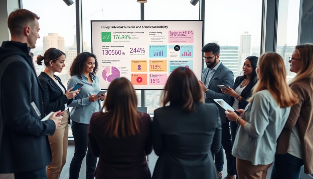 A dynamic, modern office setting in the foreground, featuring a diverse group of professionals engaged in a lively discussion about social media and brand accountability. The individuals, dressed in smart casual attire, are analyzing data on tablets and laptops, radiating focus and collaboration. In the middle ground, a large screen displays colorful infographics and social media metrics illustrating consumer advocacy, with visuals representing ethical practices in the beauty industry. The background showcases large windows with a cityscape view, bathed in soft natural light that creates an inviting atmosphere. The overall mood is one of empowerment, teamwork, and proactive engagement in ethical consumerism, captured from a slight low angle to emphasize the importance of the discussion.
