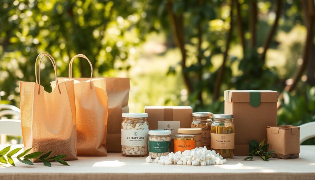 A lush, sunlit workshop table set amidst a serene outdoor environment, showcasing an array of innovative sustainable packaging materials. In the foreground, display beautifully designed compostable bags made from plant fibers, elegantly arranged next to recyclable cardboard boxes with natural textures. In the middle of the scene, include a selection of biodegradable packing peanuts and jars made from glass with stylish, eco-friendly labels. The background features a soft-focus greenery, suggesting a harmonious connection with nature. The lighting is warm and inviting, capturing the essence of a clean beauty ethos. The image conveys a mood of sustainability and innovation, highlighting the importance of eco-friendly choices in packaging.
