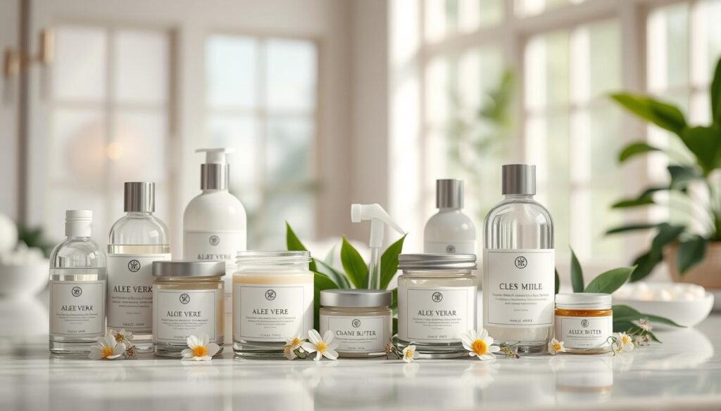 A serene and inviting skincare scene featuring an array of cruelty-free products. In the foreground, display elegantly arranged glass jars and bottles with minimalist labels, showcasing gentle ingredients like aloe vera, chamomile, and shea butter. A soft pastel color palette, including pale blues and creams, enhances the calming effect. In the middle ground, include natural elements like lush green plants and delicate flowers, suggesting purity and vitality. The background features a softly blurred spa-like environment with natural light filtering through large windows, creating a warm, inviting atmosphere. Use a soft focus lens to evoke a sense of tranquility and mindfulness, reflecting the gentle approach needed for sensitive skin. The overall mood should be peaceful, emphasizing care and safety in skincare. A serene and inviting skincare scene featuring an array of cruelty-free products. In the foreground, display elegantly arranged glass jars and bottles with minimalist labels, showcasing gentle ingredients like aloe vera, chamomile, and shea butter. A soft pastel color palette, including pale blues and creams, enhances the calming effect. In the middle ground, include natural elements like lush green plants and delicate flowers, suggesting purity and vitality. The background features a softly blurred spa-like environment with natural light filtering through large windows, creating a warm, inviting atmosphere. Use a soft focus lens to evoke a sense of tranquility and mindfulness, reflecting the gentle approach needed for sensitive skin. The overall mood should be peaceful, emphasizing care and safety in skincare.