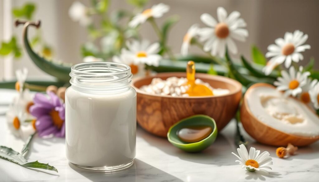 A serene arrangement of gentle skincare ingredients ideal for sensitive skin, featuring a variety of natural elements such as soothing aloe vera leaves, calming chamomile flowers, and creamy shea butter. In the foreground, display a clean, glass jar filled with a light, creamy moisturizer, glistening under soft, diffused natural light. The middle layer includes a wooden bowl with a silky texture of oatmeal and a few drops of nourishing facial oil, elegantly presented on a light marble surface. The background should feature soft-focus greenery to evoke a tranquil and fresh atmosphere. The overall mood is peaceful and inviting, suggesting natural beauty and care. A bright and airy composition, shot from a slightly elevated angle to capture the arrangement's beauty. A serene arrangement of gentle skincare ingredients ideal for sensitive skin, featuring a variety of natural elements such as soothing aloe vera leaves, calming chamomile flowers, and creamy shea butter. In the foreground, display a clean, glass jar filled with a light, creamy moisturizer, glistening under soft, diffused natural light. The middle layer includes a wooden bowl with a silky texture of oatmeal and a few drops of nourishing facial oil, elegantly presented on a light marble surface. The background should feature soft-focus greenery to evoke a tranquil and fresh atmosphere. The overall mood is peaceful and inviting, suggesting natural beauty and care. A bright and airy composition, shot from a slightly elevated angle to capture the arrangement's beauty.