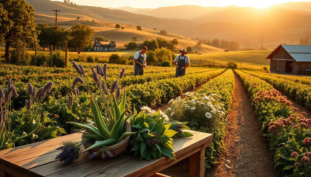 A serene artisan skincare ingredients farm at sunrise, showcasing vibrant, lush rows of organic botanicals, herbs, and flowers. In the foreground, a rustic wooden table displays freshly harvested ingredients like lavender, aloe vera, and chamomile, artfully arranged in natural fibers. In the middle ground, skilled artisans in modest casual clothing attentively work the land, gently inspecting the plants and gathering samples, embodying a hands-on approach to quality. The background features rolling hills bathed in warm golden light, with a soft-focus view of a charming farmhouse and wooden barn. The atmosphere radiates tranquility and dedication to artisanal craft, with a gentle breeze stirring the leaves, evoking a sense of purity and authenticity in the skincare preparation process. Capture this scene with a slightly elevated angle to emphasize both the producers and the lush landscape, using natural lighting for a warm, inviting feel. A serene artisan skincare ingredients farm at sunrise, showcasing vibrant, lush rows of organic botanicals, herbs, and flowers. In the foreground, a rustic wooden table displays freshly harvested ingredients like lavender, aloe vera, and chamomile, artfully arranged in natural fibers. In the middle ground, skilled artisans in modest casual clothing attentively work the land, gently inspecting the plants and gathering samples, embodying a hands-on approach to quality. The background features rolling hills bathed in warm golden light, with a soft-focus view of a charming farmhouse and wooden barn. The atmosphere radiates tranquility and dedication to artisanal craft, with a gentle breeze stirring the leaves, evoking a sense of purity and authenticity in the skincare preparation process. Capture this scene with a slightly elevated angle to emphasize both the producers and the lush landscape, using natural lighting for a warm, inviting feel.