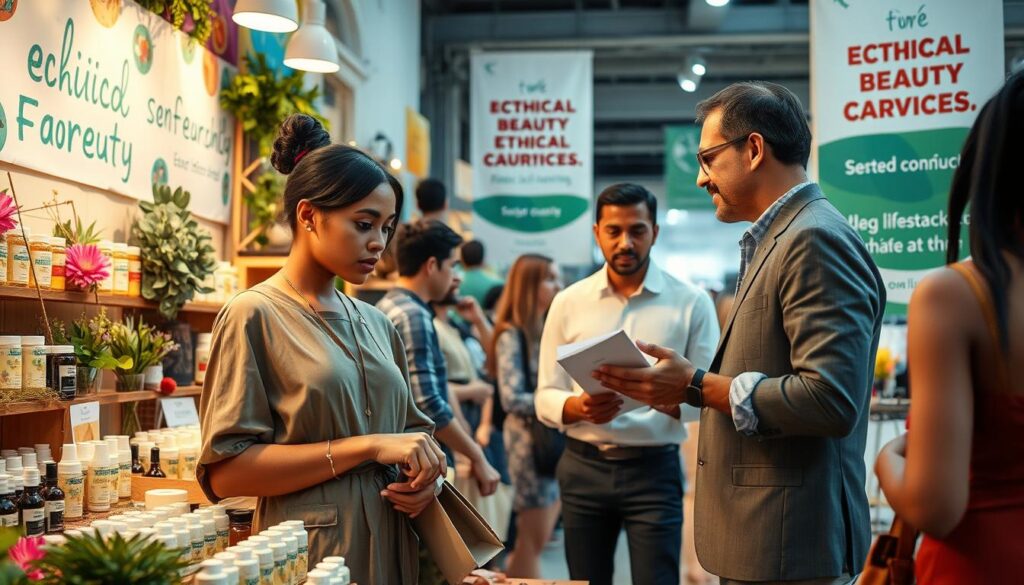 A vibrant scene showcasing an ethical beauty shopping experience, focusing on a diverse group of people engaging in activism and support for sustainability. In the foreground, a stylish young woman, dressed in modest casual clothing, examines eco-friendly beauty products at a colorful marketplace stall adorned with natural elements like flowers and green plants. In the middle ground, another individual, a man in professional attire, discusses ethical sourcing with a vendor, highlighting community engagement and awareness. The background features a bright, inviting atmosphere with banners promoting ethical beauty and sustainability, capturing a sense of advocacy. Soft, warm lighting enhances the scene, creating an inviting and hopeful mood. The angle is slightly elevated, providing a comprehensive view of this empowering environment.