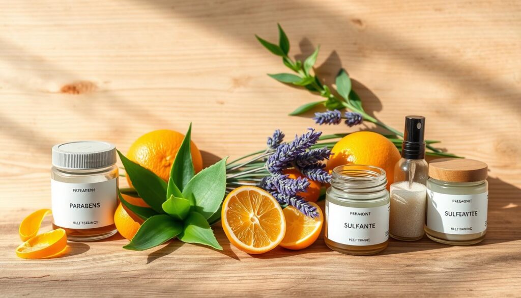 A visually appealing flat lay arrangement showcasing common non-toxic skincare ingredients to avoid. In the foreground, prominently display items like parabens, sulfates, and synthetic fragrances, visually represented as labeled jars or containers, arranged creatively. In the middle ground, include vibrant botanical elements like aloe vera, lavender, and orange peels to contrast with the toxic ingredients. In the background, a textured natural wood surface adds warmth, while soft, diffused natural light creates an inviting atmosphere. Capture the composition from a slightly elevated angle to highlight the contrast between harmful and natural elements, emphasizing the theme of a healthy skincare routine. The overall mood should evoke a sense of awareness and empowerment about skincare choices. A visually appealing flat lay arrangement showcasing common non-toxic skincare ingredients to avoid. In the foreground, prominently display items like parabens, sulfates, and synthetic fragrances, visually represented as labeled jars or containers, arranged creatively. In the middle ground, include vibrant botanical elements like aloe vera, lavender, and orange peels to contrast with the toxic ingredients. In the background, a textured natural wood surface adds warmth, while soft, diffused natural light creates an inviting atmosphere. Capture the composition from a slightly elevated angle to highlight the contrast between harmful and natural elements, emphasizing the theme of a healthy skincare routine. The overall mood should evoke a sense of awareness and empowerment about skincare choices.