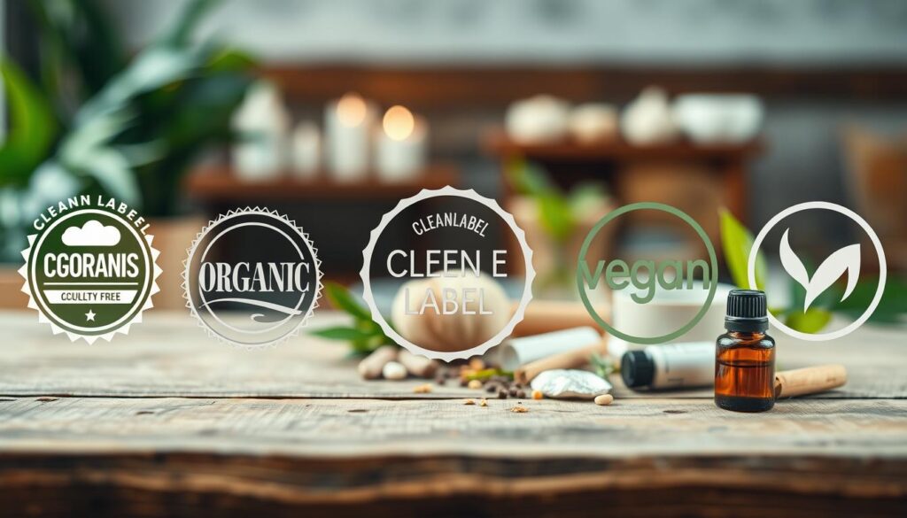 A visually captivating composition focusing on clean label certifications associated with beauty products. In the foreground, a collection of certifications displayed prominently, such as organic, cruelty-free, and vegan symbols, intricately designed and radiant. The middle ground features a soft-focus arrangement of various natural ingredients, including plant extracts and essential oils, elegantly laid out on a rustic wooden surface, hinting at their purity. In the background, a serene, softly blurred spa-like setting with gentle lighting and greenery, creating an atmosphere of tranquility and trust. The overall mood is one of transparency and reliability, highlighting the importance of certifications in clean beauty. Soft, natural lighting enhances the freshness of the scene, while a wide-angle lens captures the full composition harmoniously.