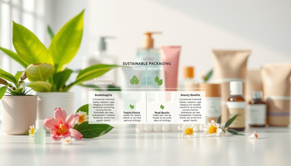 A visually compelling comparison of sustainable packaging health benefits, featuring a split-screen design. In the foreground, display eco-friendly packaging materials like biodegradable containers and recycled paper, with vibrant plant leaves and flowers for a fresh touch. In the middle, present a diagram comparing harmful effects of traditional plastics versus the health benefits of sustainable options, illustrated with subtle infographics. The background should be a soft-focus, modern beauty product display, emphasizing cleanliness and eco-consciousness. Use bright, natural lighting to create a clean and uplifting atmosphere, with a slight angle to capture depth. The image conveys a sense of hope and innovation in eco-friendly beauty solutions.