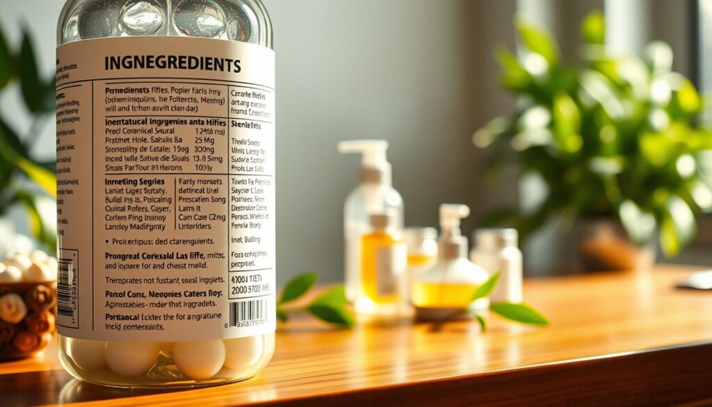A visually engaging representation of a skincare ingredients label hierarchy, showcasing a clear and detailed layout. In the foreground, feature a large skincare product label with various ingredients listed in distinct sections, highlighted to indicate their importance. The middle ground can depict an elegant wooden desk with various skincare products placed strategically, emphasizing clean beauty. In the background, soft-focus greenery creates an inviting atmosphere, suggesting the natural origins of ingredients. Use warm, natural lighting to enhance the freshness and transparency of the scene, with a shallow depth of field to draw attention to the label details. The overall mood should be informative yet soothing, reflecting the essence of clean beauty.