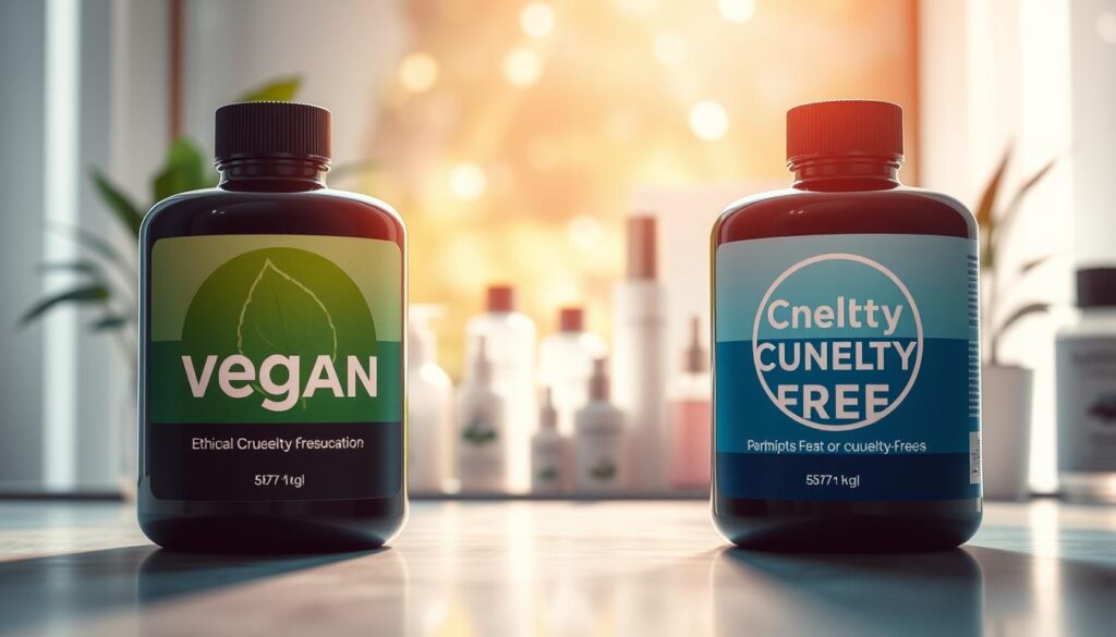 A visually striking comparison image showcasing vegan and cruelty-free beauty labels. In the foreground, two distinctly designed beauty product labels side by side, one labeled "Vegan" with a vibrant green color scheme and the other "Cruelty-Free" in a soothing blue palette. In the middle ground, a softly illuminated vanity table adorned with various beauty products like skincare bottles and makeup containers, emphasizing the ethical choices in beauty. The background features a blurred natural setting with greenery and soft sunlight filtering through, creating an uplifting and ethical atmosphere. The lighting is warm and inviting, with a focus on soft shadows to enhance the product textures. Overall, the image conveys a sense of responsible beauty choices and ethical consumerism. A visually striking comparison image showcasing vegan and cruelty-free beauty labels. In the foreground, two distinctly designed beauty product labels side by side, one labeled "Vegan" with a vibrant green color scheme and the other "Cruelty-Free" in a soothing blue palette. In the middle ground, a softly illuminated vanity table adorned with various beauty products like skincare bottles and makeup containers, emphasizing the ethical choices in beauty. The background features a blurred natural setting with greenery and soft sunlight filtering through, creating an uplifting and ethical atmosphere. The lighting is warm and inviting, with a focus on soft shadows to enhance the product textures. Overall, the image conveys a sense of responsible beauty choices and ethical consumerism.