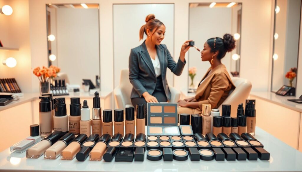A bright, elegant beauty studio setting showcasing a variety of foundation shades on a sleek table. In the foreground, a diverse selection of makeup products is meticulously arranged, including different foundation bottles, swatches on skin tones, and shade guides illustrating undertones (warm, cool, neutral). In the middle, a professional makeup artist, dressed in stylish yet modest business attire, is demonstrating the shade-matching process on a client seated in a comfortable chair. The background features soft lighting that creates a warm and inviting atmosphere, with mirrors reflecting the vibrant colors of the makeup. The overall mood is informative and inspiring, emphasizing inclusivity in beauty and confident shade selection.