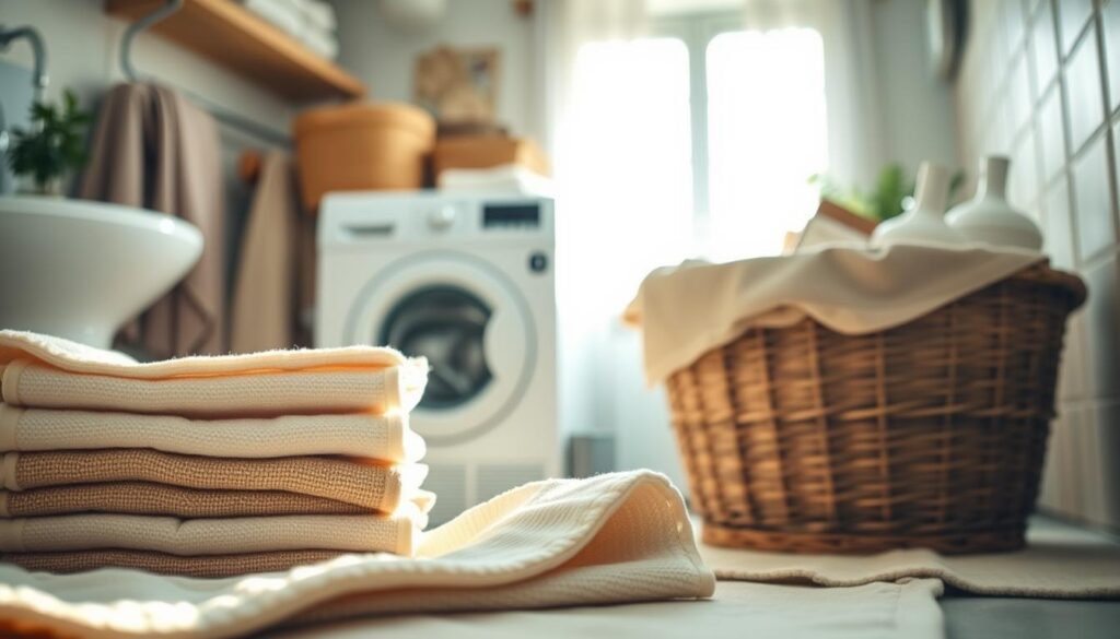 A cozy laundry room scene featuring a neatly arranged collection of reusable cloth pads and towels in soft, earth-tone colors. In the foreground, focus on a stack of absorbent towels and pads, showcasing their texture in a pleasing manner. The middle of the image includes a washing machine, gently humming, with a laundry basket filled with natural fabric softeners. In the background, sunlight streams through a window, creating a warm, inviting atmosphere, highlighting the eco-friendly theme. Use soft, diffused lighting to evoke a sense of tranquility and cleanliness. Capture this scene from a slightly elevated angle, emphasizing the organized layout and natural materials that promote cold-water washing practices. The overall mood should convey a conscious, sustainable lifestyle. A cozy laundry room scene featuring a neatly arranged collection of reusable cloth pads and towels in soft, earth-tone colors. In the foreground, focus on a stack of absorbent towels and pads, showcasing their texture in a pleasing manner. The middle of the image includes a washing machine, gently humming, with a laundry basket filled with natural fabric softeners. In the background, sunlight streams through a window, creating a warm, inviting atmosphere, highlighting the eco-friendly theme. Use soft, diffused lighting to evoke a sense of tranquility and cleanliness. Capture this scene from a slightly elevated angle, emphasizing the organized layout and natural materials that promote cold-water washing practices. The overall mood should convey a conscious, sustainable lifestyle.