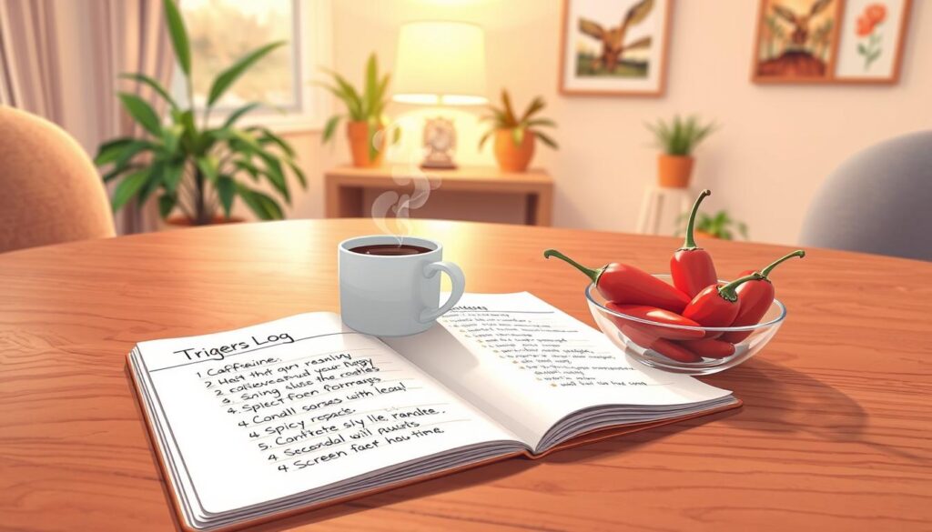 A detailed, aesthetically pleasing illustration of a "rosacea triggers log" laid out on a polished wooden surface. In the foreground, an open notebook with handwritten notes about triggers such as caffeine, heat, spicy foods, conflict, and screen time. A cup of steaming coffee and a bowl of spicy peppers sit next to the notebook, adding color and context. In the middle ground, a soft-lit desk lamp casts a warm glow, illuminating the pages and creating gentle shadows. In the background, a peaceful indoor setting with green plants and calming artwork, enhancing the mood of emotional wellbeing. The overall atmosphere is reflective and organized, inviting viewers to contemplate their personal experiences. Soft, natural lighting emphasizes clarity and focus in this serene environment.