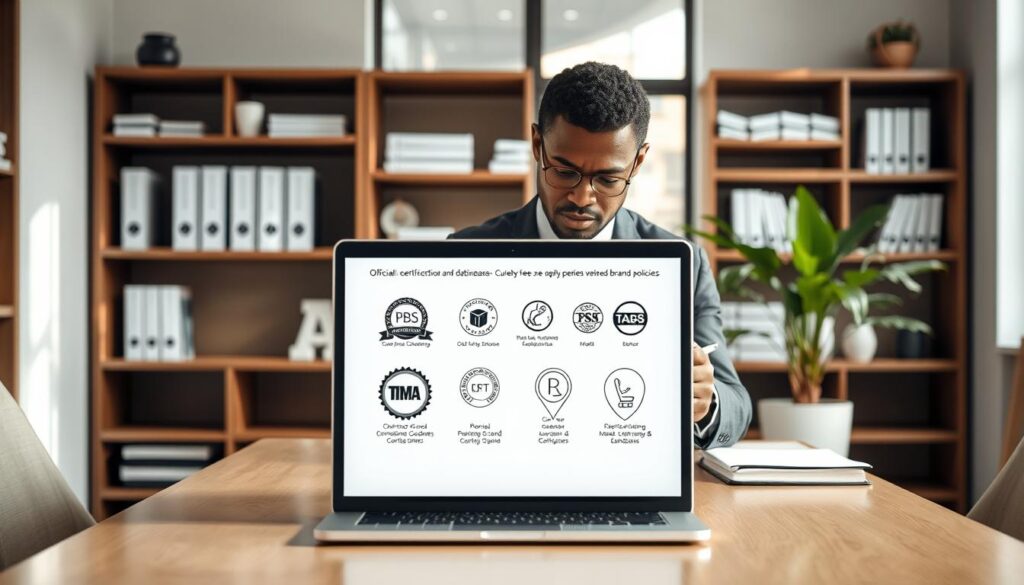 A modern office setting with a sleek, organized desk at the forefront, featuring a laptop open to a webpage displaying various official certification logos and databases. In the middle, a professional individual of diverse background, dressed in smart business attire, is intently focused on their screen, taking notes on a notepad. Soft, natural light streams through a large window, creating a warm and inviting atmosphere. The background features shelves filled with books and certification guides on cruelty-free and vegan standards. A potted plant adds a touch of greenery, enhancing the professional yet approachable vibe. The image conveys a sense of diligence and trust as the individual verifies brand policies.