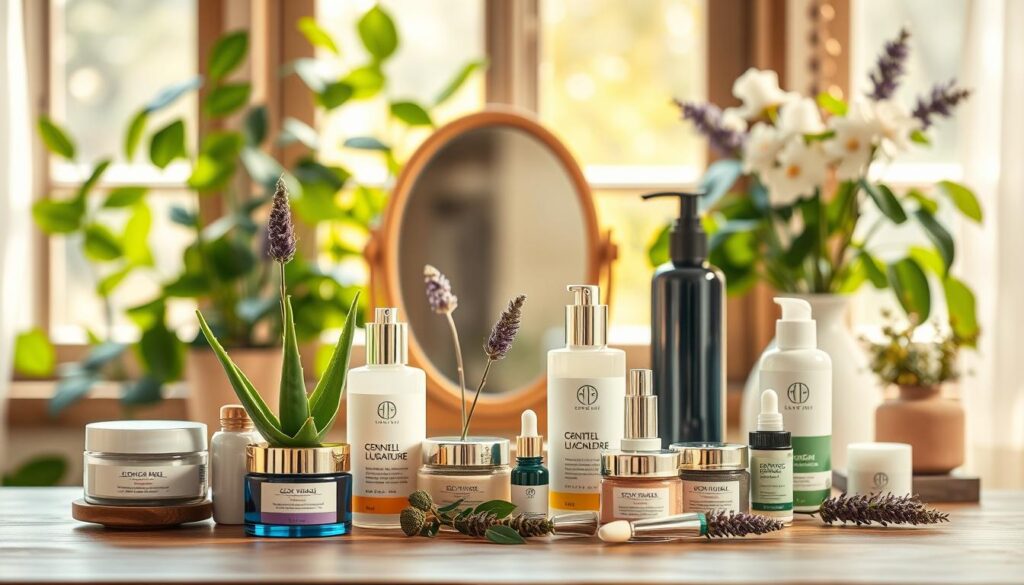 A serene, aesthetically pleasing scene showcasing vegan cosmetics and cruelty-free skincare products. In the foreground, a variety of elegantly designed skincare containers made from eco-friendly materials, adorned with plants like aloe vera and lavender. The middle layer features a wooden vanity with a small mirror reflecting natural light, enhancing the vibrant colors of the products. The background reveals a sunlit window with soft, filtered light pouring in, illuminating a lush indoor garden filled with green leaves and floral accents. The atmosphere is calm and inviting, promoting self-care and sustainability. Use warm lighting, with a shallow depth of field to blur the background gently, focusing attention on the beautifully arranged cosmetic items. The overall mood radiates wellness and ethical beauty choices.