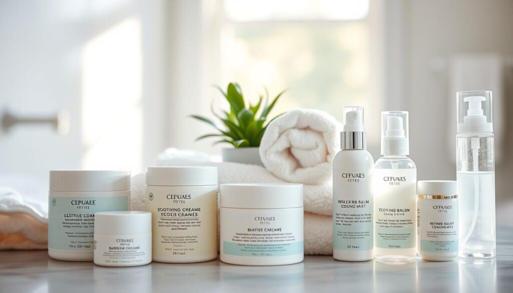 A serene and calming scene showcasing an array of gentle skincare products designed for managing eczema flares. In the foreground, a beautifully arranged selection of soothing creams, barrier balms, and refreshing cooling mists, all in soft pastel packaging that conveys gentleness. The middle ground features a clean, plush white towel draped elegantly, with a small potted plant adding a touch of greenery. The background is softly blurred, suggesting a tranquil bathroom setting with natural light streaming in from a nearby window, casting a warm glow. The atmosphere is soothing and peaceful, inviting the viewer to envision a routine of self-care and relief. The image should evoke feelings of comfort and emotional wellbeing without any text or distractions.