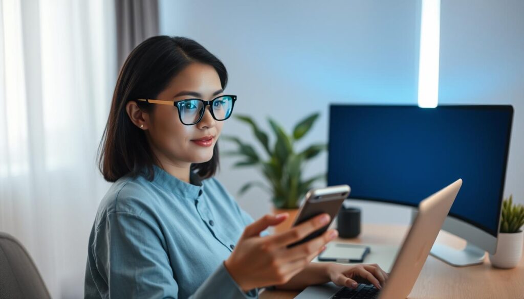 A serene and modern workspace featuring a professional woman in modest casual clothing using a digital device, showcasing her inspired engagement with technology. In the foreground, her expressive eyes reflect the glow of blue light, complemented with stylish blue light blocking glasses. The middle layer includes a minimalistic desk with a plant and a blue light filter screen, emphasizing an organized and calming environment. In the background, soft, diffused lighting filters in through a window, creating an ambiance that suggests a peaceful, thoughtful atmosphere. The overall mood is relaxed yet focused, highlighting the importance of eye care in a digital age while capturing the essence of self-care and wellness.