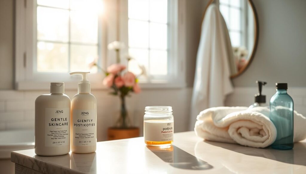 A serene bathroom setting with natural light streaming through a large window, creating a warm and inviting atmosphere. In the foreground, a close-up of a clean, organized countertop featuring gentle skincare products like lotion, a gentle cleanser, and a jar labeled "postbiotics," suggesting essential post-workout care. In the background, a plush, clean towel hangs next to a softly lit mirror reflecting fresh flower arrangements, emphasizing tranquility. A yoga mat and water bottle are subtly placed on the floor, hinting at an active lifestyle. The overall mood of the scene is calming and refreshing, evoking a sense of well-being and self-care. The focus is on maintaining a clean environment to support skin health, with soft, diffused lighting enhancing the peaceful ambiance. A serene bathroom setting with natural light streaming through a large window, creating a warm and inviting atmosphere. In the foreground, a close-up of a clean, organized countertop featuring gentle skincare products like lotion, a gentle cleanser, and a jar labeled "postbiotics," suggesting essential post-workout care. In the background, a plush, clean towel hangs next to a softly lit mirror reflecting fresh flower arrangements, emphasizing tranquility. A yoga mat and water bottle are subtly placed on the floor, hinting at an active lifestyle. The overall mood of the scene is calming and refreshing, evoking a sense of well-being and self-care. The focus is on maintaining a clean environment to support skin health, with soft, diffused lighting enhancing the peaceful ambiance.