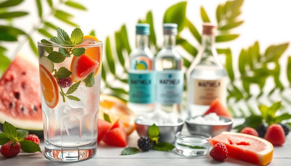 A serene flat lay composition showcasing a refreshing hydration theme. In the foreground, a crystal-clear glass filled with vibrant electrolyte-infused water garnished with slices of citrus and mint leaves, surrounded by colorful fruits like watermelon and berries. The middle layer features elegant flasks of natural mineral water and electrolyte powders, artfully arranged with small bowls of sea salt, depicting mineral balance. In the background, softly blurred green leaves create an inviting atmosphere, symbolizing nature and wellness. The lighting is bright and soft, with a warm glow that enhances the freshness of the scene. This image conveys a sense of vitality and rejuvenation, perfect for illustrating the importance of hydration and electrolytes for healthy, glowing skin. A serene flat lay composition showcasing a refreshing hydration theme. In the foreground, a crystal-clear glass filled with vibrant electrolyte-infused water garnished with slices of citrus and mint leaves, surrounded by colorful fruits like watermelon and berries. The middle layer features elegant flasks of natural mineral water and electrolyte powders, artfully arranged with small bowls of sea salt, depicting mineral balance. In the background, softly blurred green leaves create an inviting atmosphere, symbolizing nature and wellness. The lighting is bright and soft, with a warm glow that enhances the freshness of the scene. This image conveys a sense of vitality and rejuvenation, perfect for illustrating the importance of hydration and electrolytes for healthy, glowing skin.
