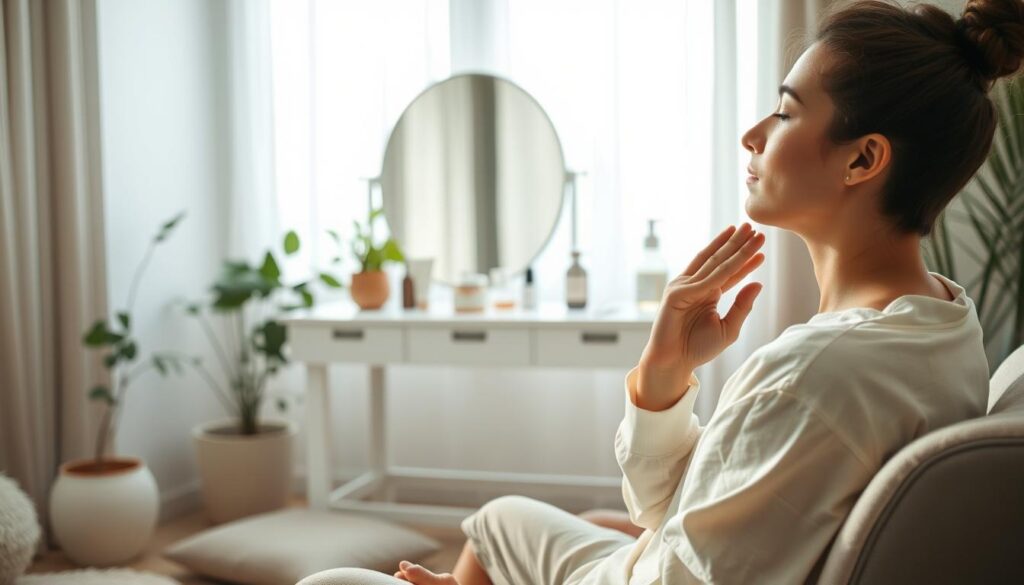 A serene indoor setting bathed in soft, natural light, showcasing a person engaged in box breathing while applying SPF on their skin. In the foreground, a calm individual, dressed in modest casual clothing, sits comfortably on a cushioned chair, eyes closed, exuding a sense of tranquility. The middle layer features a neatly arranged vanity with skincare products and a tech-free mirror reflecting the peaceful ambiance. In the background, plants and soft pastel colors create a soothing atmosphere, emphasizing mindful beauty and sensory regulation. The angle captures the essence of calmness, with gently diffused lighting enhancing the peaceful mood, ideal for a moment of micro-practice in a busy routine. A serene indoor setting bathed in soft, natural light, showcasing a person engaged in box breathing while applying SPF on their skin. In the foreground, a calm individual, dressed in modest casual clothing, sits comfortably on a cushioned chair, eyes closed, exuding a sense of tranquility. The middle layer features a neatly arranged vanity with skincare products and a tech-free mirror reflecting the peaceful ambiance. In the background, plants and soft pastel colors create a soothing atmosphere, emphasizing mindful beauty and sensory regulation. The angle captures the essence of calmness, with gently diffused lighting enhancing the peaceful mood, ideal for a moment of micro-practice in a busy routine.