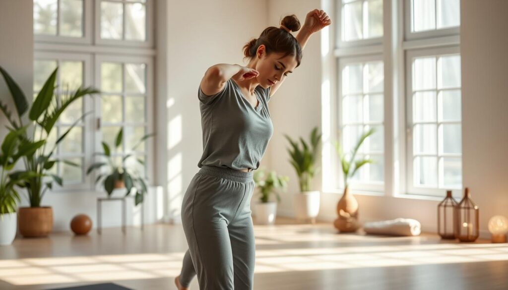 A serene indoor setting illustrating lymphatic drainage movement with a focus on relaxation and wellness. In the foreground, a woman in modest, comfortable activewear performs gentle stretching exercises, emphasizing smooth motion and fluidity that symbolizes lymphatic flow. The middle section includes soft, natural lighting filtering through large windows, showcasing plants and calming decor that enhance a peaceful atmosphere. The background features a minimalistic room with soft textures, such as a yoga mat and essential oil diffusers, creating an inviting space for self-care practices. The overall mood is tranquil and nurturing, encouraging viewers to explore the benefits of movement for skin health and overall well-being, captured from a slightly angled perspective to emphasize depth and harmony in the scene.